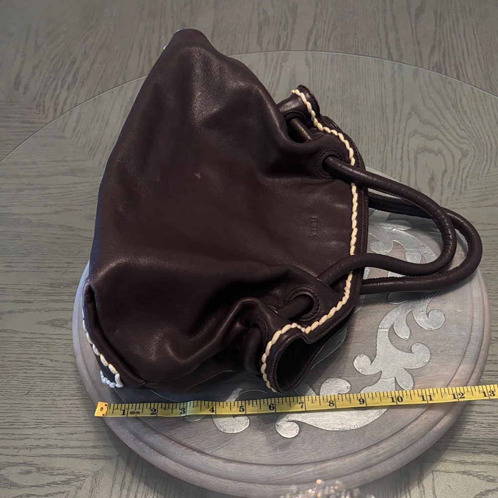 Furla/Certificate of Authenticity- Dark Brown Leather Satchel Cream Braided Trim - Picture 10 of 12